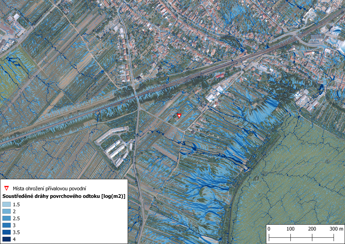 Místo ohrožení přívalovou povodní v jihozápadní části intravilánu městyse Moravská Nová Ves